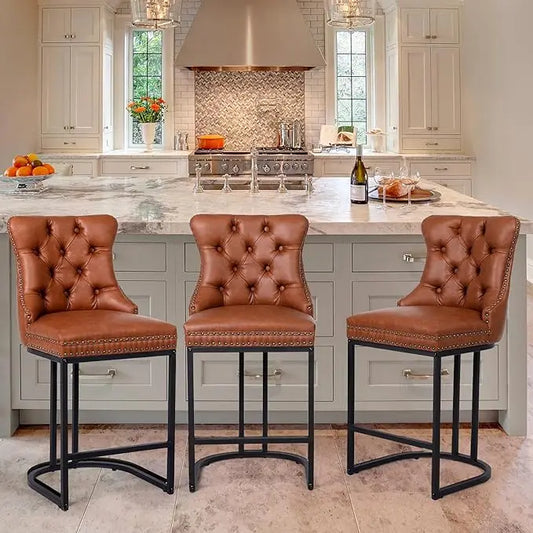 Modern Faux Leather Upholstery Counter Chair with Metal Legs Set of 3