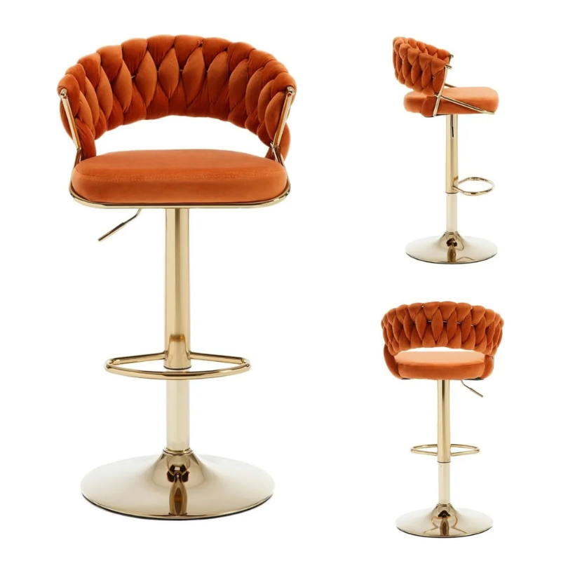 Modern Height Adjustable Barstools with Woven Backrest and Gold Base