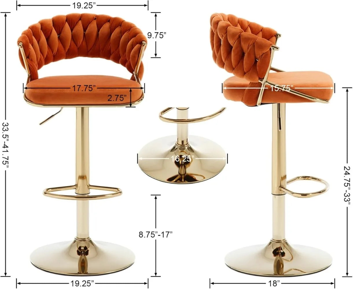 Modern Height Adjustable Barstools with Woven Backrest and Gold Base