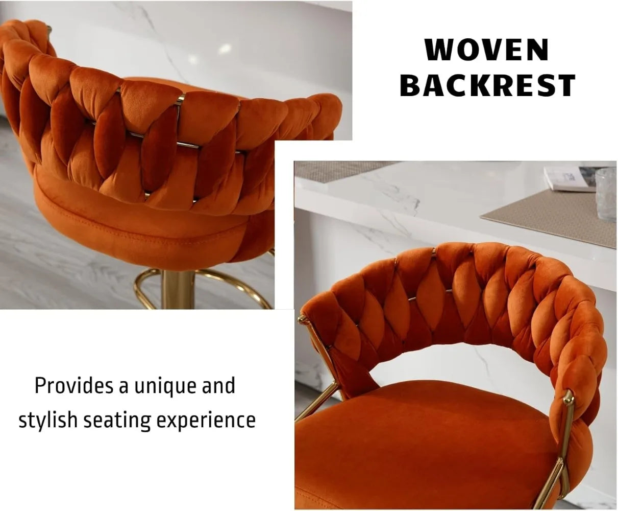 Modern Height Adjustable Barstools with Woven Backrest and Gold Base