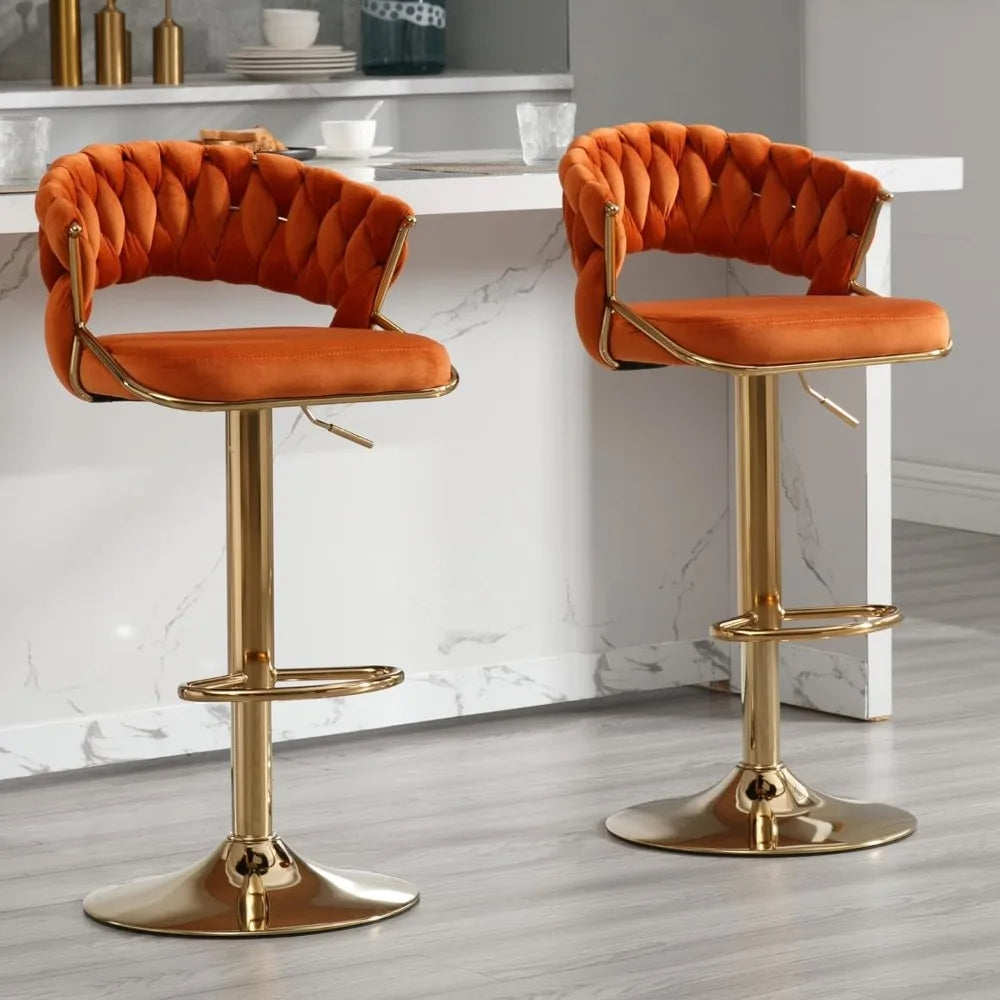 Modern Height Adjustable Barstools with Woven Backrest and Gold Base