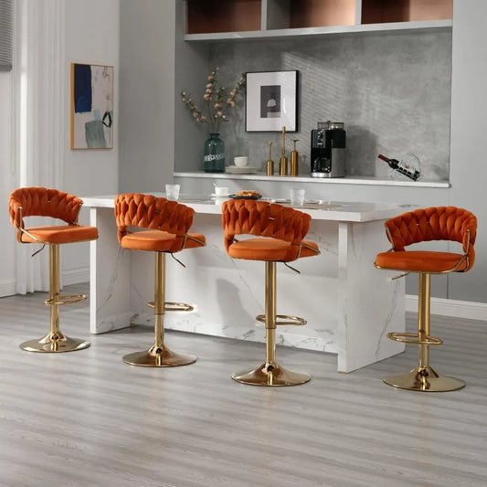 Modern Height Adjustable Barstools with Woven Backrest and Gold Base