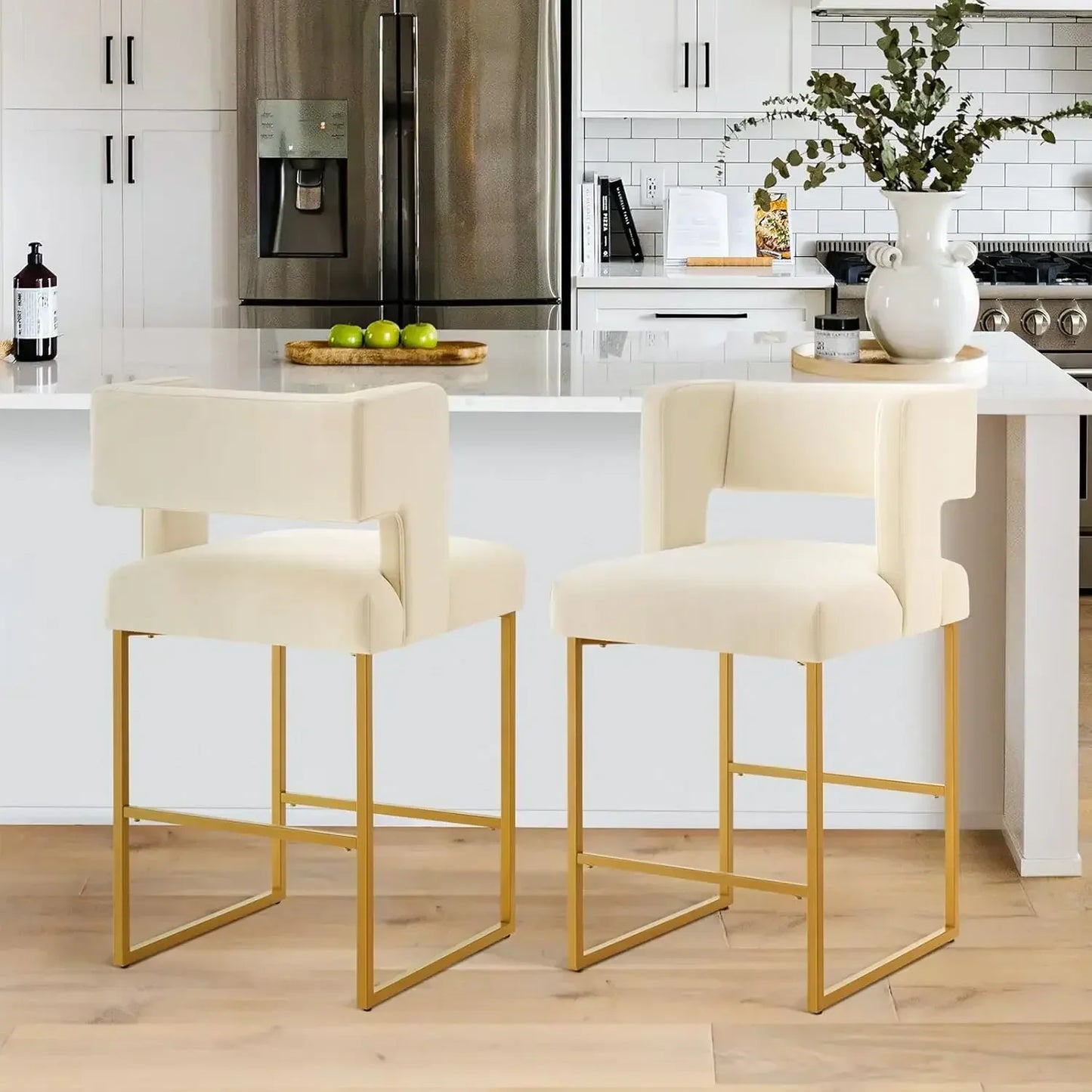 Modern Velvet Bar Stools with Square Open Backrest Gold Metal Frame