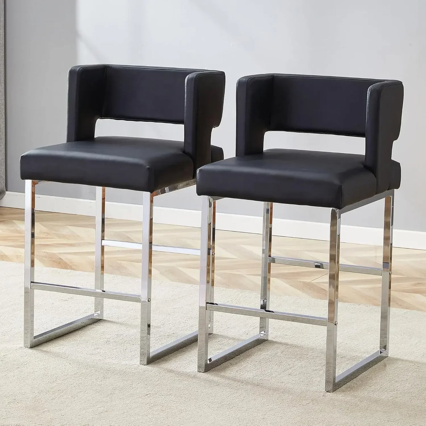 Modern Velvet Bar Stools with Square Open Backrest Gold Metal Frame