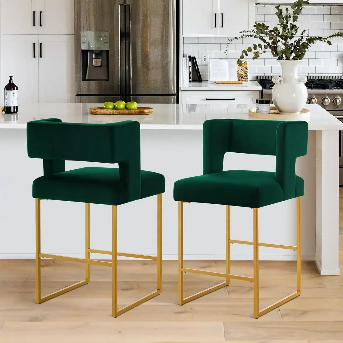 Modern Velvet Bar Stools with Square Open Backrest Gold Metal Frame