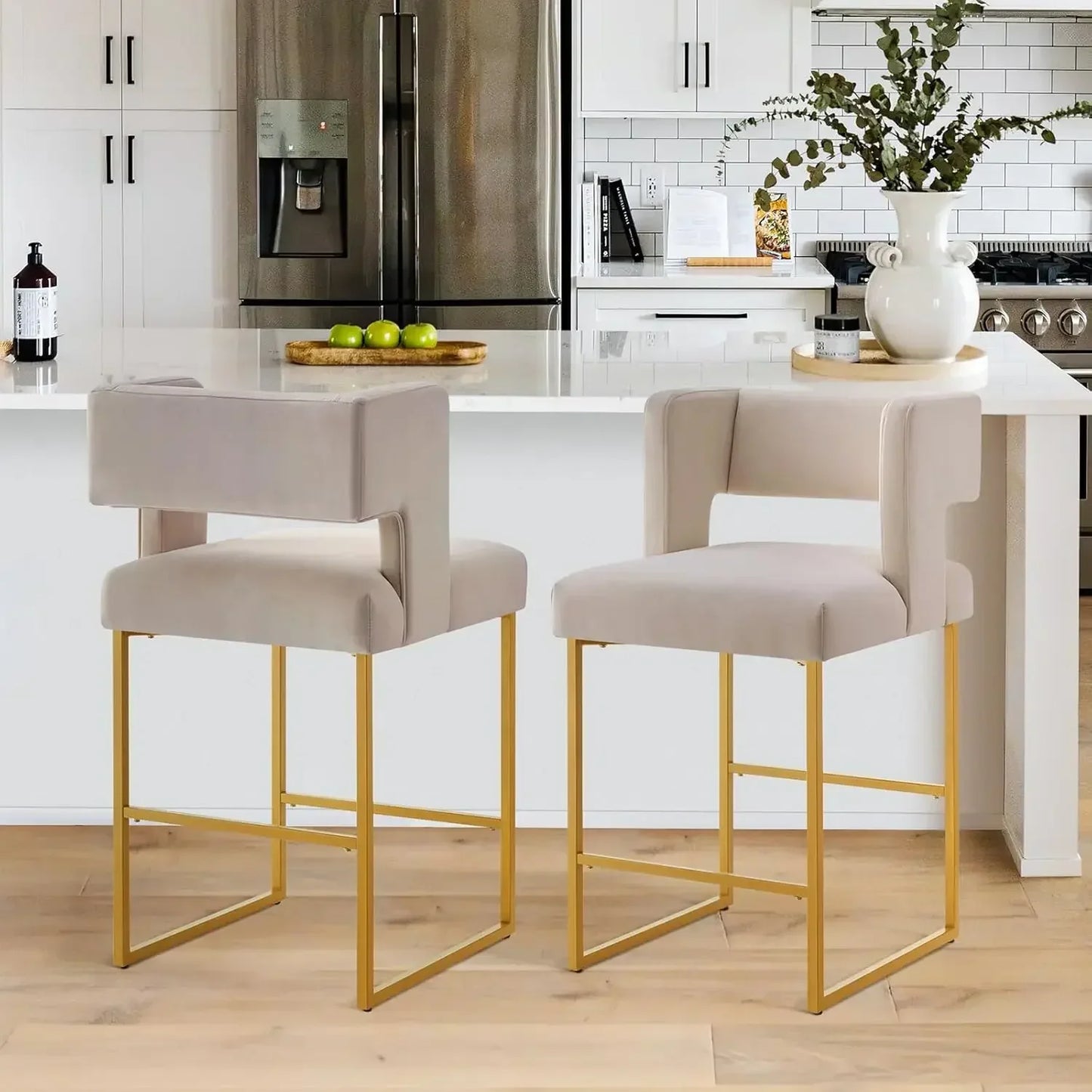 Modern Velvet Bar Stools with Square Open Backrest Gold Metal Frame