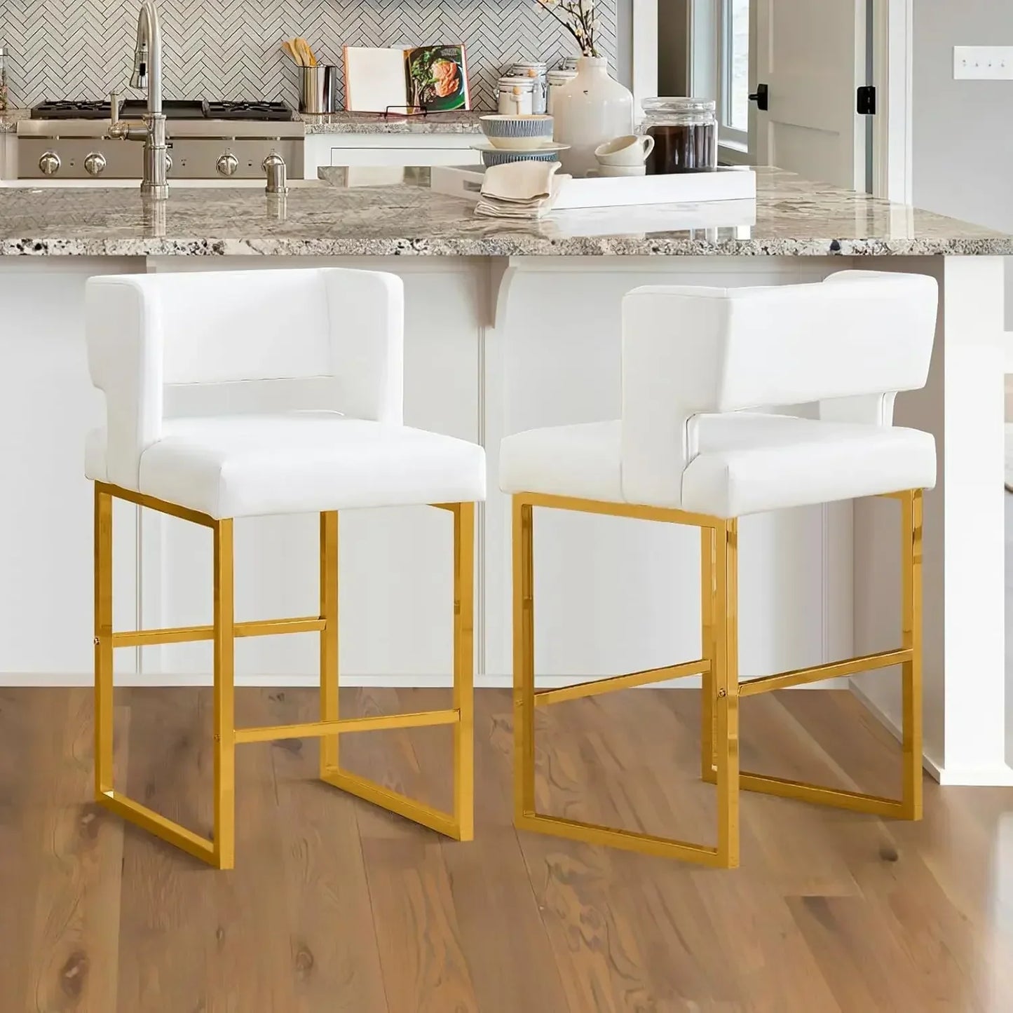 Modern Velvet Bar Stools with Square Open Backrest Gold Metal Frame