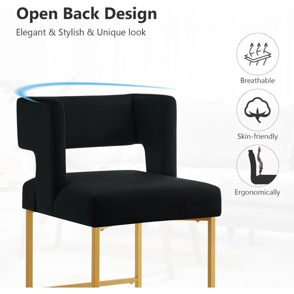 Modern Velvet Bar Stools with Square Open Backrest Gold Metal Frame