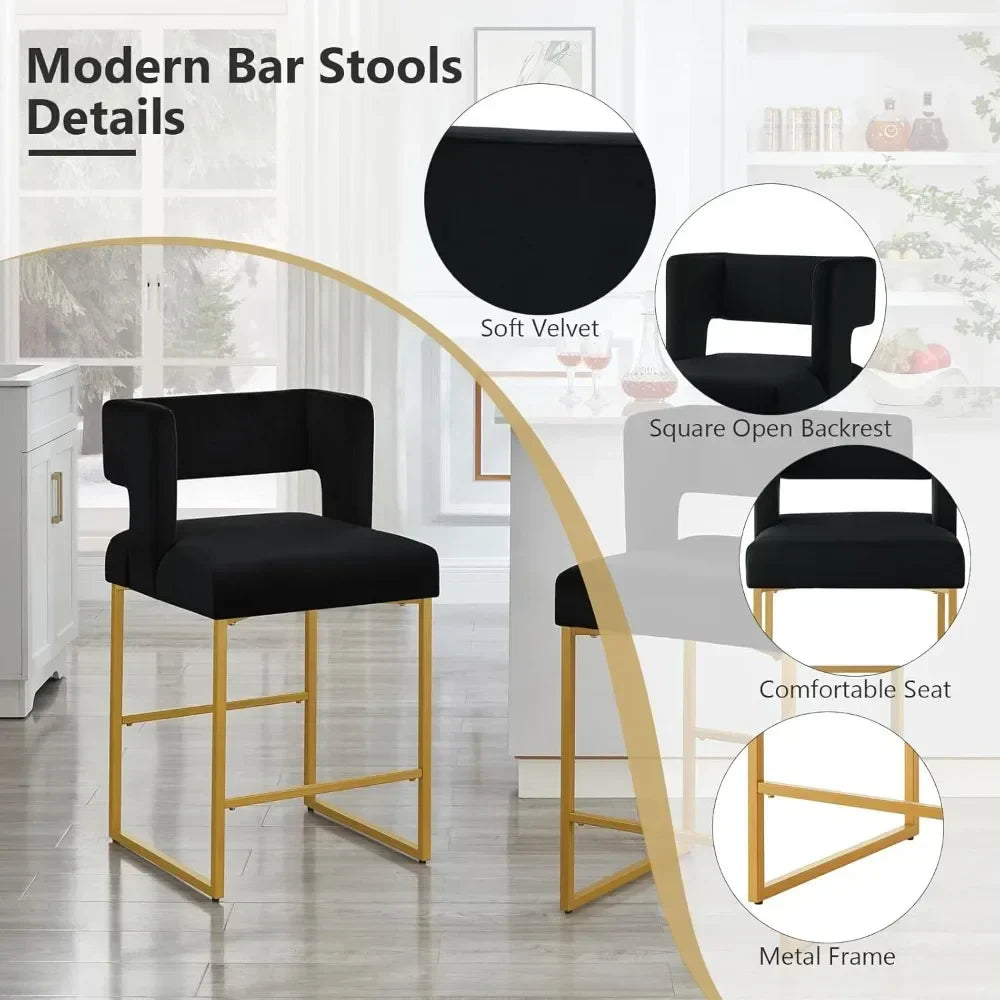 Modern Velvet Bar Stools with Square Open Backrest Gold Metal Frame