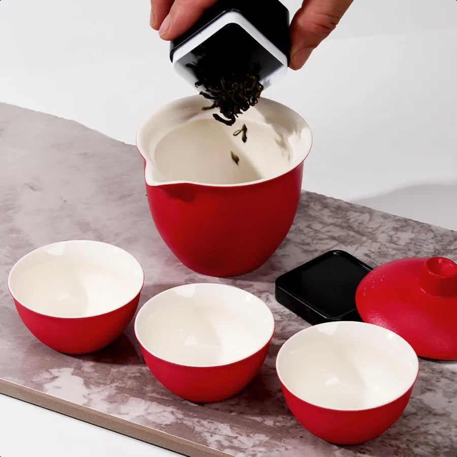 Portable Ceramic Teapot and Cups Set For Travel Red Tea Set