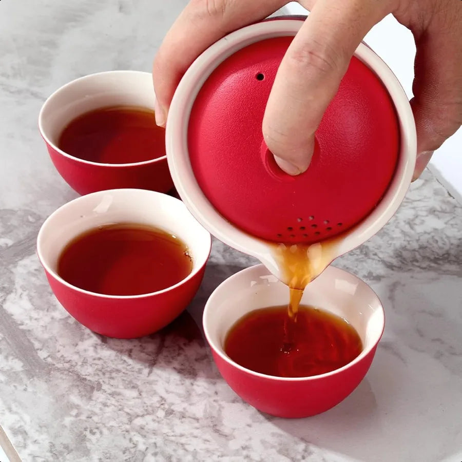 Portable Ceramic Teapot and Cups Set For Travel Red Tea Set