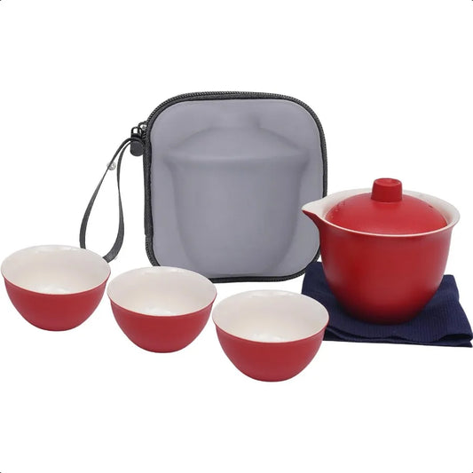 Portable Ceramic Teapot and Cups Set For Travel Red Tea Set