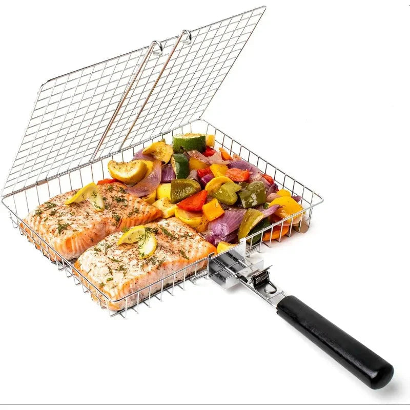 Portable Folding BBQ Grill Basket With Handle Cook Accessories Outdoor