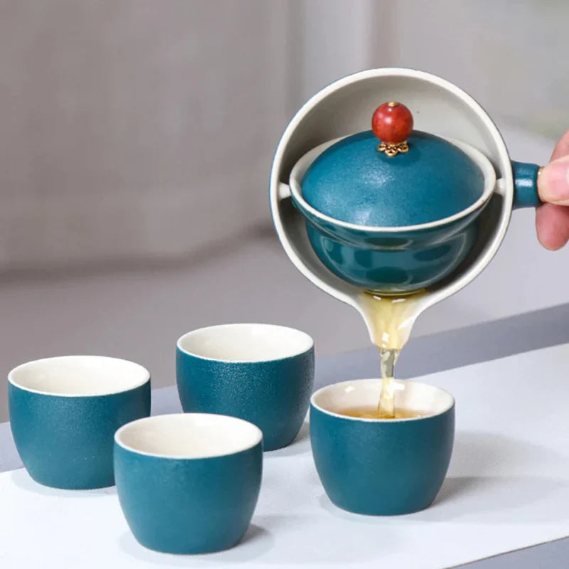 Portable Rotating Ceramic Teapot Tea Maker Infuser with Wooden Handle