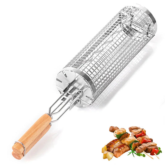 Portable Stainless Steel Rolling Grilling Basket BBQ Grill Accessory