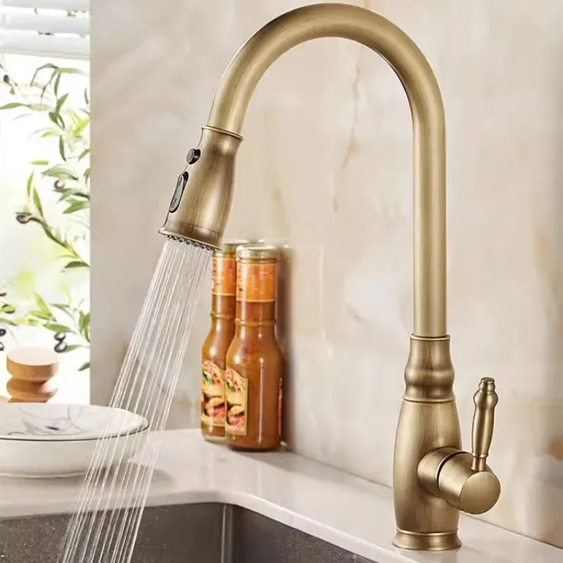 Pull-Out Rotating Spout Water Mixer Tap Antique Brass Kitchen Faucet