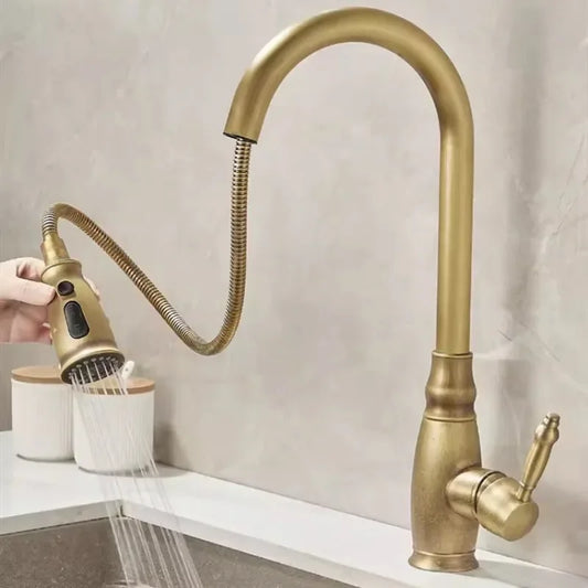 Pull-Out Rotating Spout Water Mixer Tap Antique Brass Kitchen Faucet