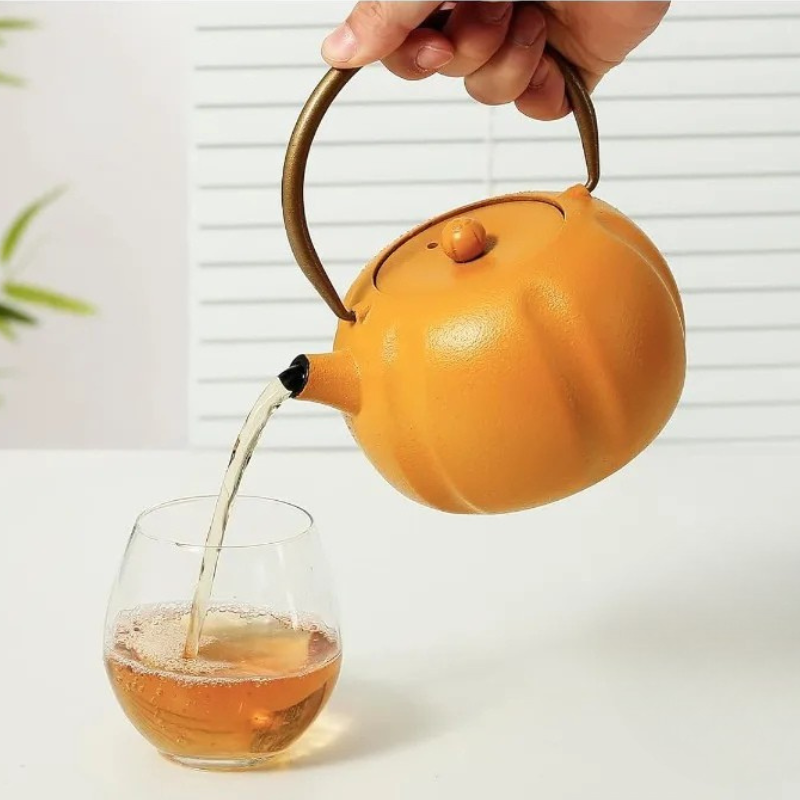 Pumpkin Cast Iron Teapot with Stainless Steel Infuser Internal Enamel