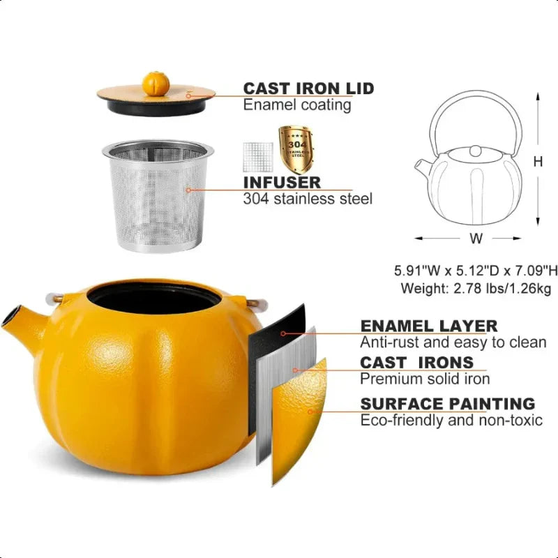 Pumpkin Cast Iron Teapot with Stainless Steel Infuser Internal Enamel