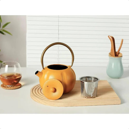 Pumpkin Cast Iron Teapot with Stainless Steel Infuser Internal Enamel