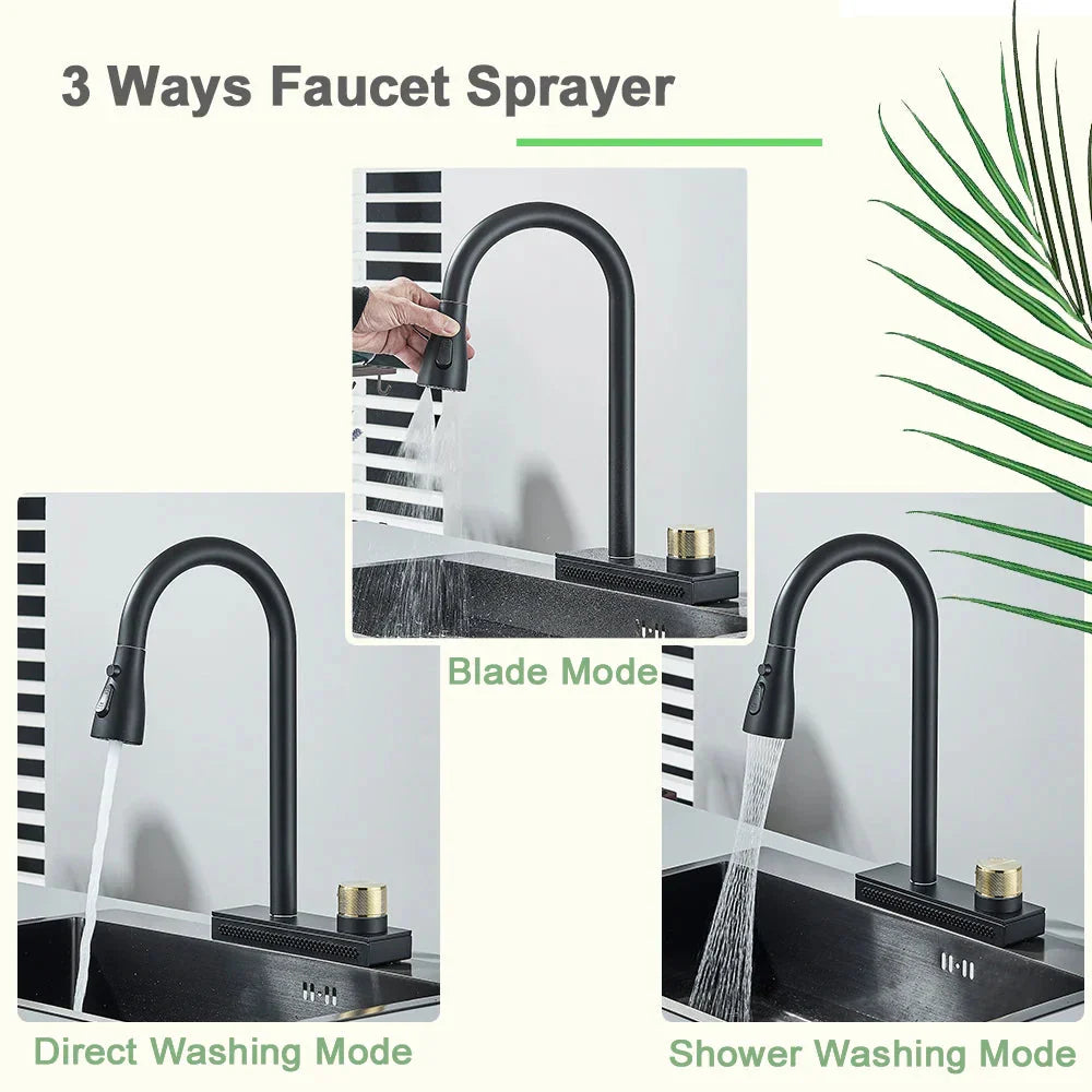 Rainfall Kitchen Faucet Flexible Pull Out 3 Way Nozzle Kitchen Tap