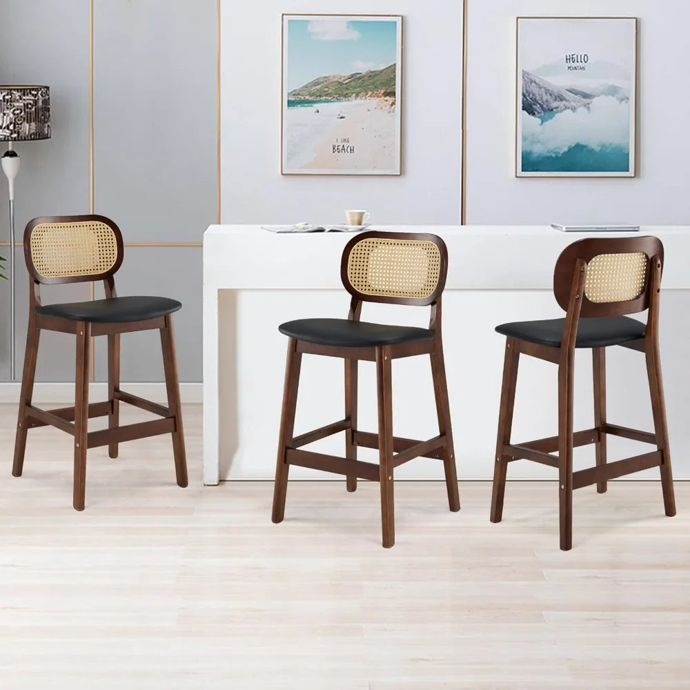 Rattan Bar Stools Set of 3 Mid Century Modern Leather Upholstered