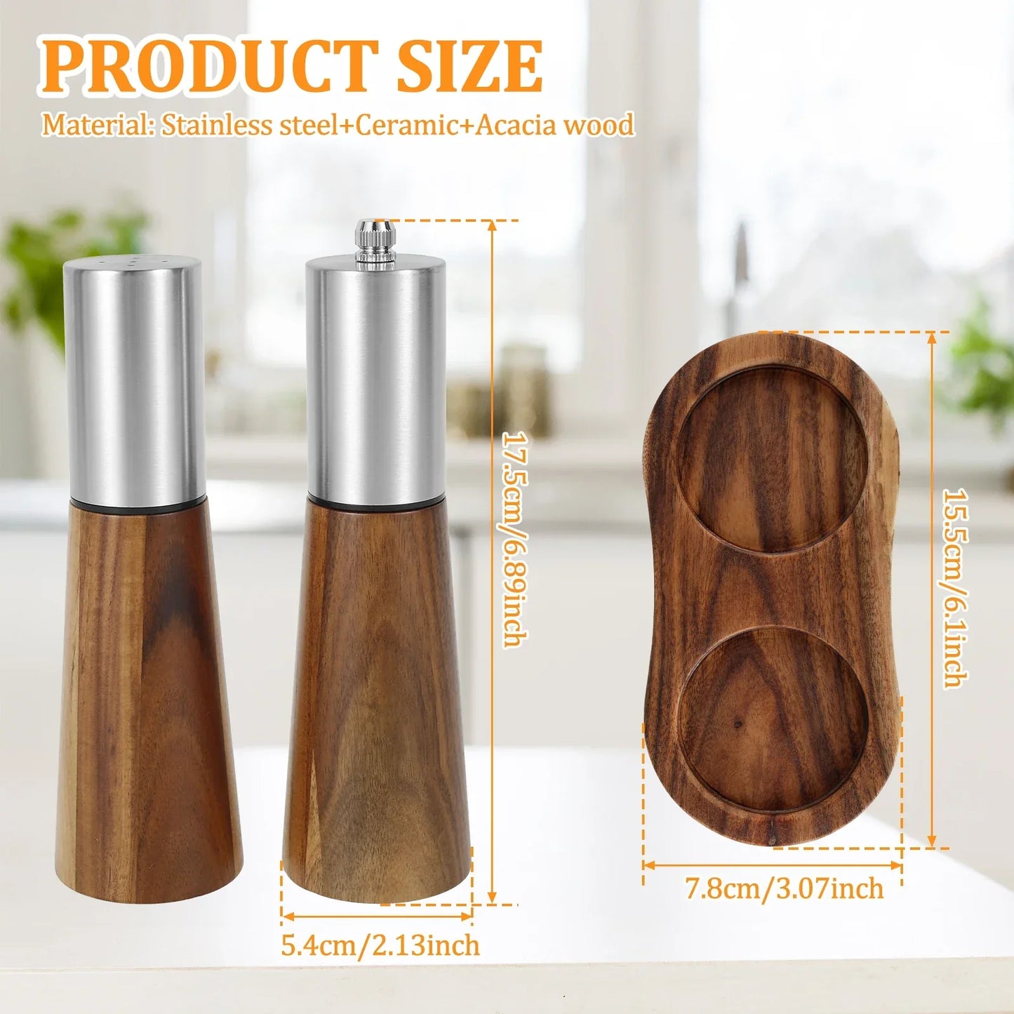 Refillable Acacia Wood Salt  Shaker and Pepper Spice Mill Grinder Set