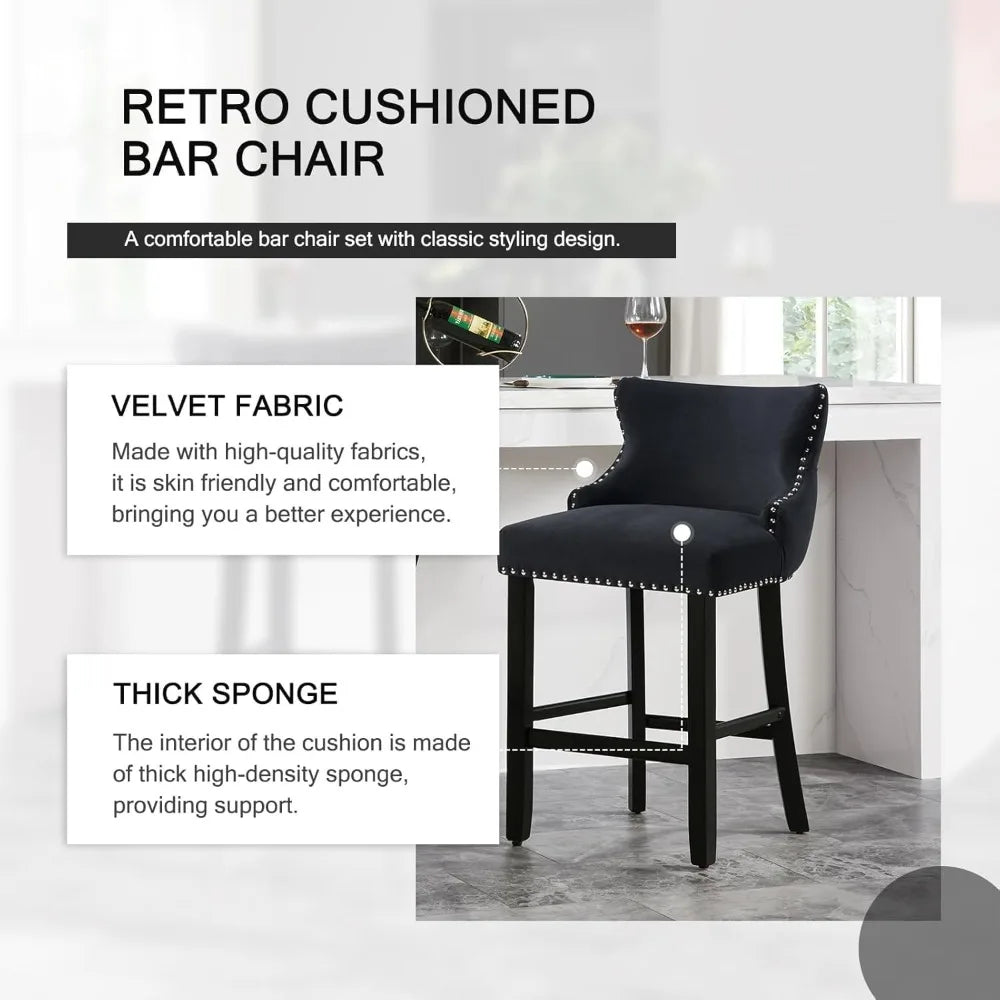 Set of 4 Bar Stools with Back and Button Tufted Velvet Upholstered