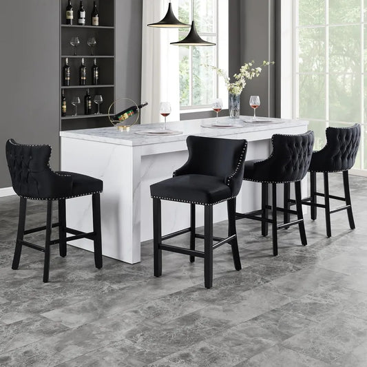 Set of 4 Bar Stools with Back and Button Tufted Velvet Upholstered