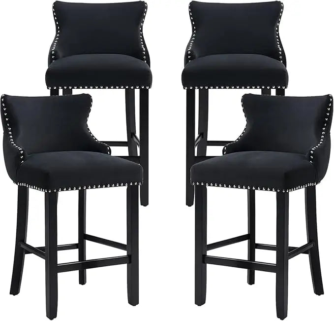Set of 4 Bar Stools with Back and Button Tufted Velvet Upholstered
