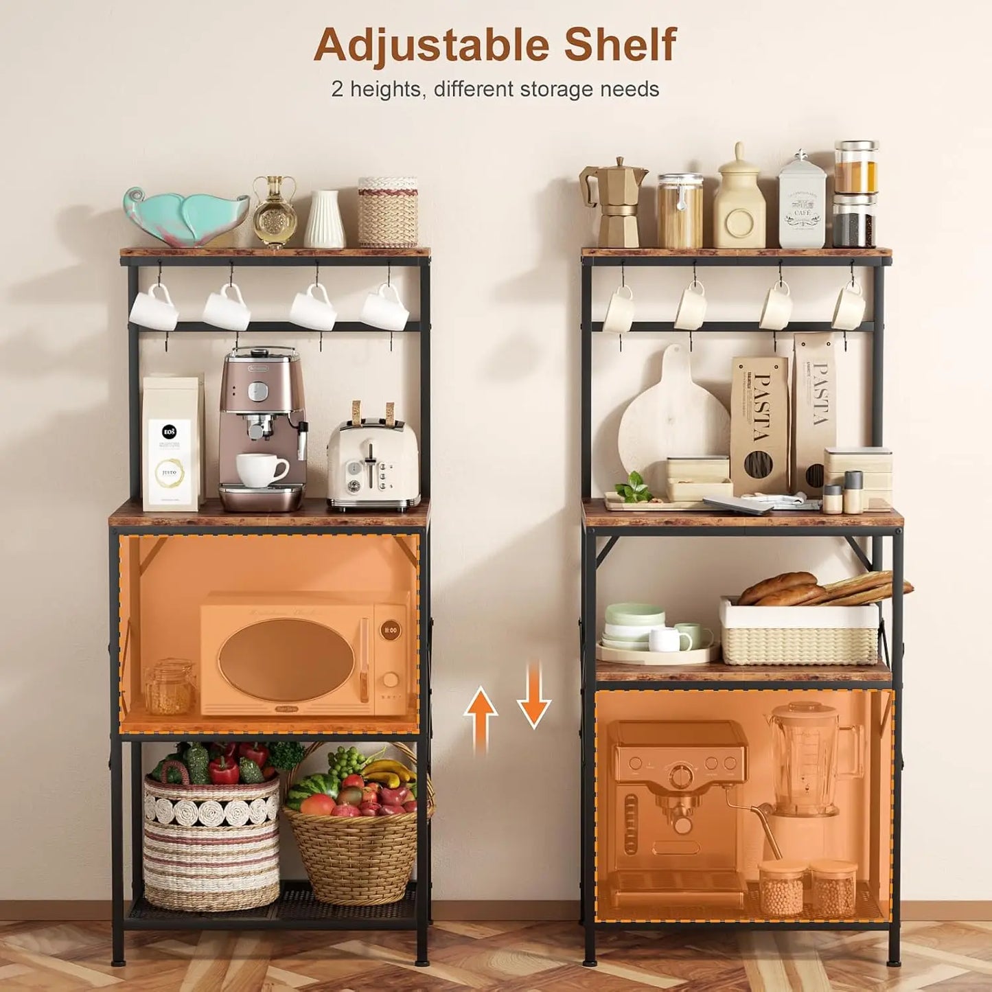 Small Coffee Bar Table with 8 Hooks and Adjustable Shelves Bakers Rack