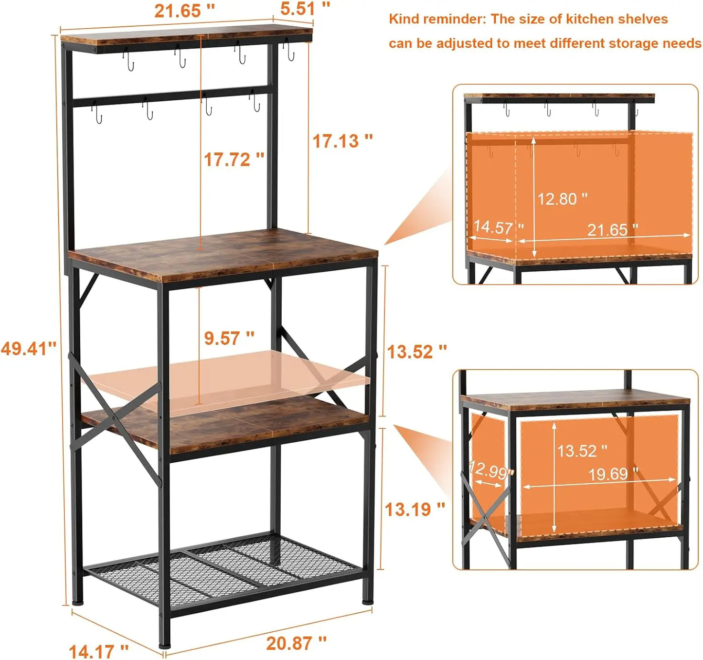 Small Coffee Bar Table with 8 Hooks and Adjustable Shelves Bakers Rack