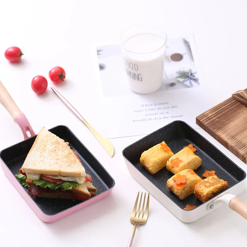 Square Maifan Stone Non Stick Frying Pan with Wooden Handle Cookware