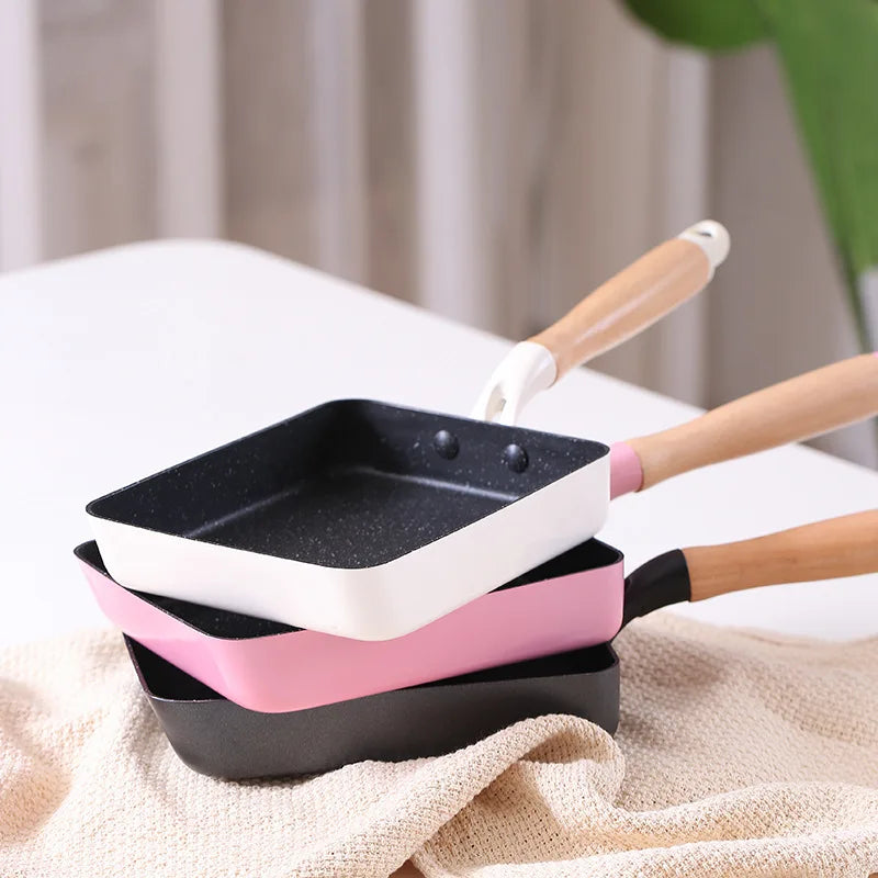 Square Maifan Stone Non Stick Frying Pan with Wooden Handle Cookware