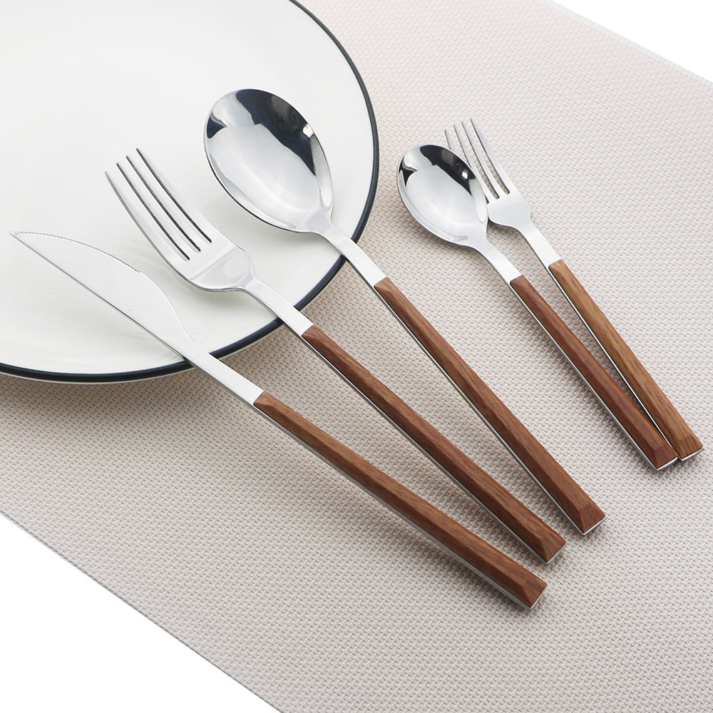 Stainless Steel Dinnerware Set Imitation Wood Marble Handle Set