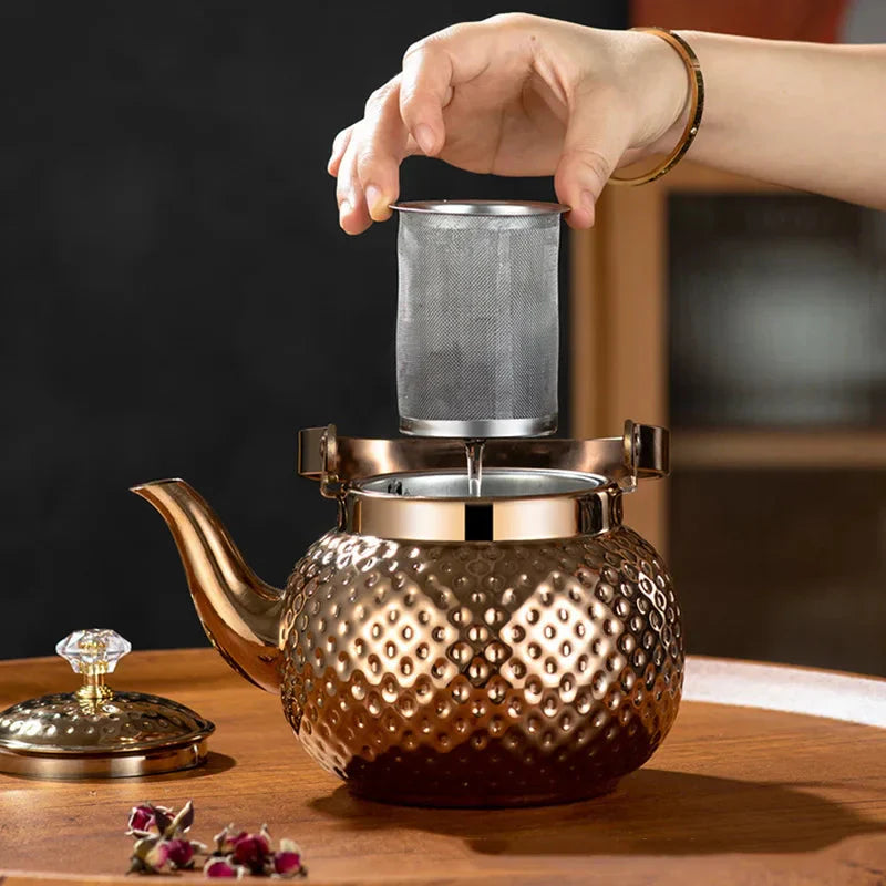 Stainless Steel Kettle Hammered Spherical Tea Pot with Strainer Tea Kettles