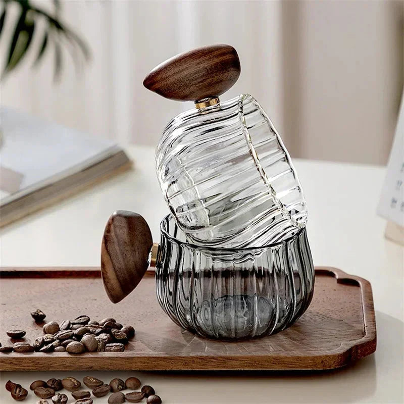Striped Heat Resistant Silicon Glass Coffee Mug with Wooden Handle