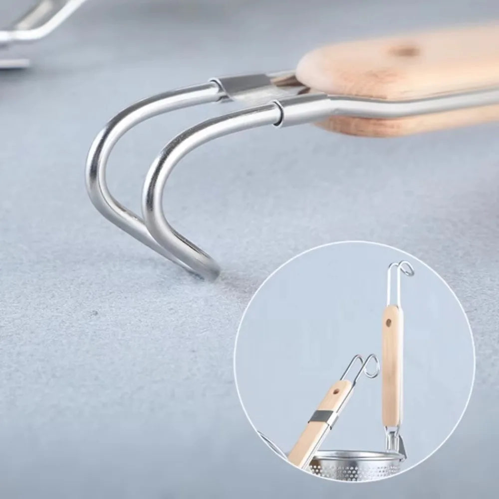 Thickened Stainless Steel Funnel Wooden Handle Pasta Basket Strainer