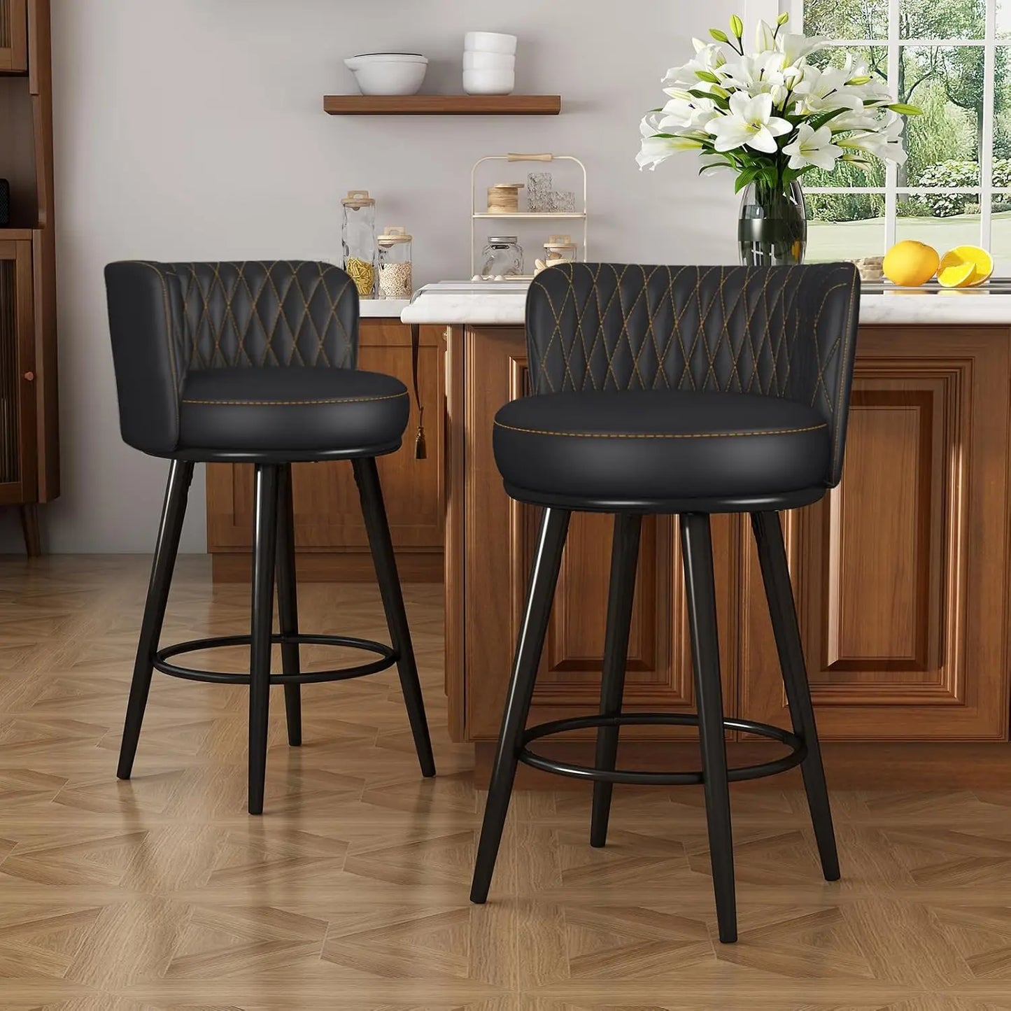 Tufted Modern Counter Height Bar stools Upholstered Back and Metal Legs