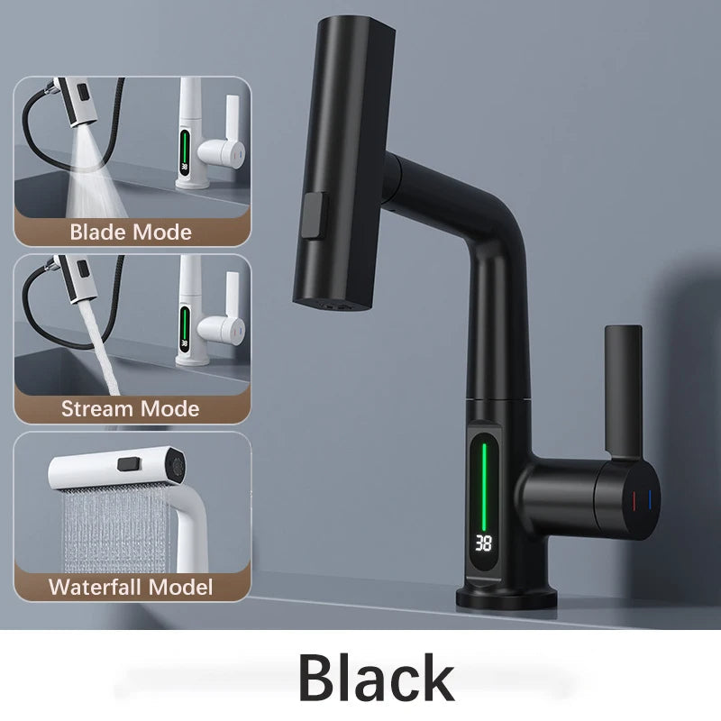 Waterfall Pull Out Kitchen Faucet White Intelligent Digital Display Tap