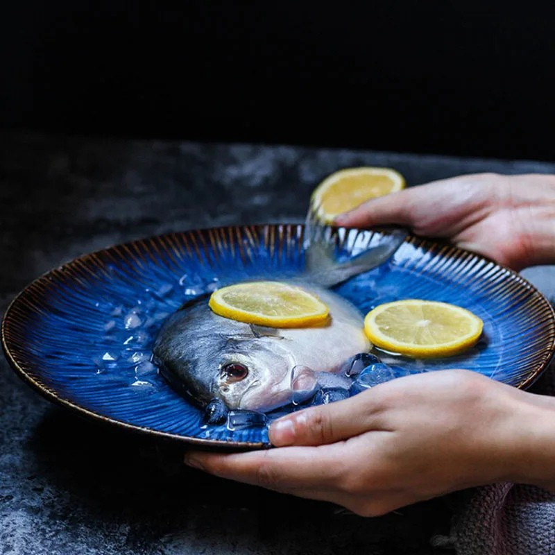 Western Style Ceramic Dish Deep Blue Pasta Plate Kitchen Tableware