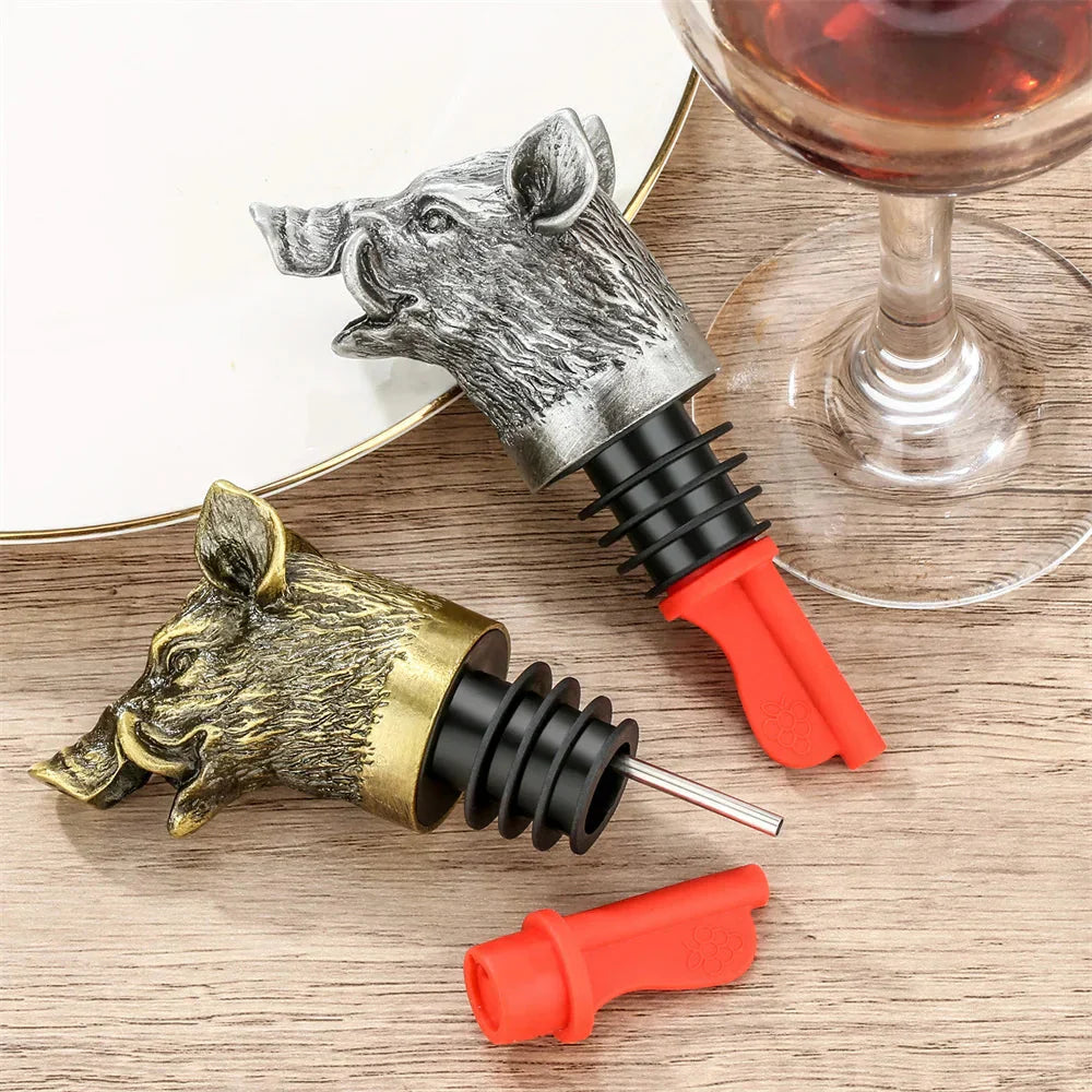 Wild Boar Head 2-In-1 Wine Pourer Bottle Stopper Metal Décor Bottle Plug