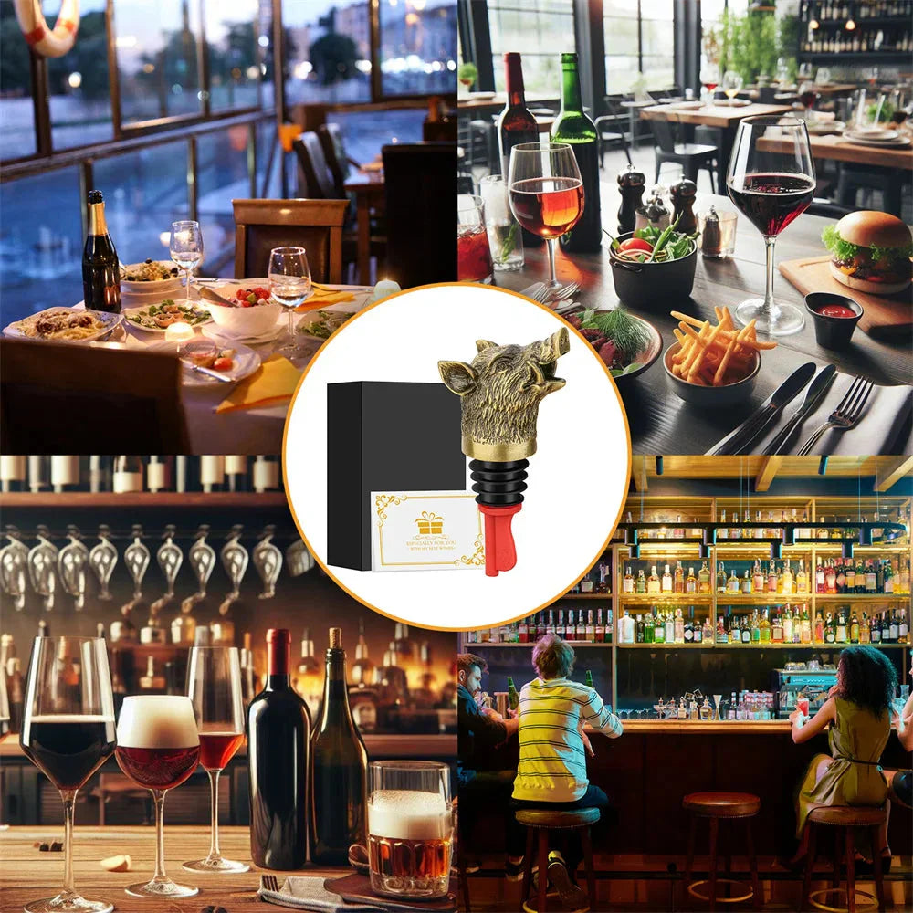 Wild Boar Head 2-In-1 Wine Pourer Bottle Stopper Metal Décor Bottle Plug